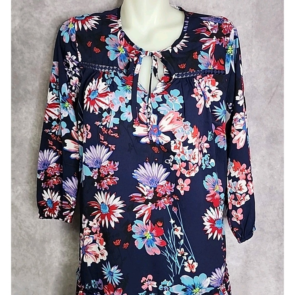 Blue Ruffle Floral Shift Dress Womens‎ Small Short Tie Neck Line Philosophy - Picture 4 of 9